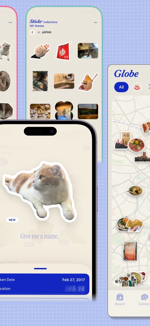 シールに名前をつける画面と、Globeの地図